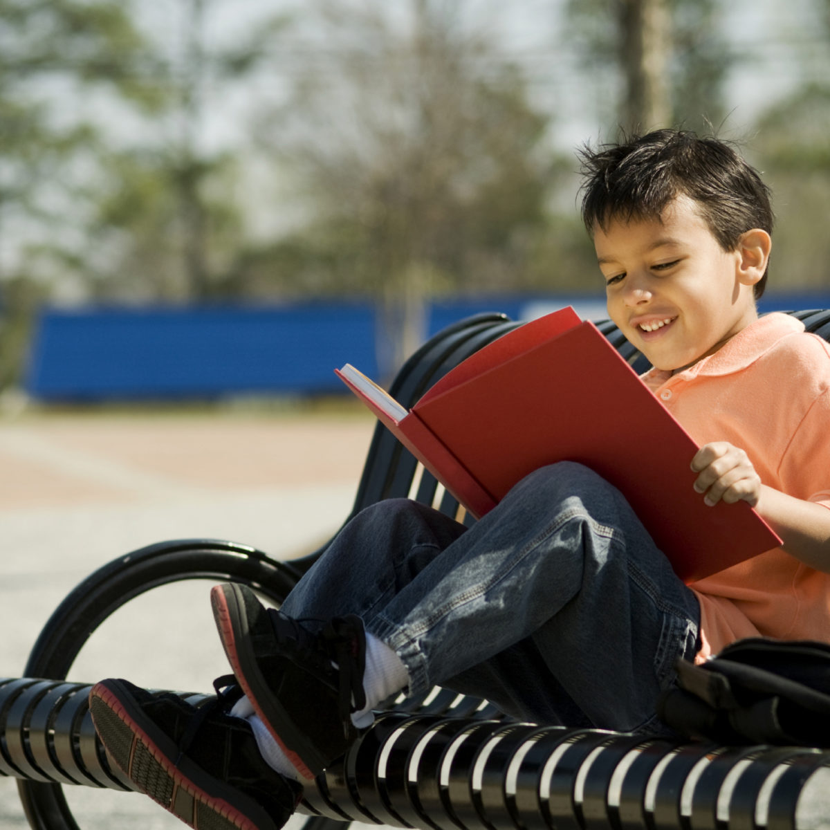Boy reading on bench