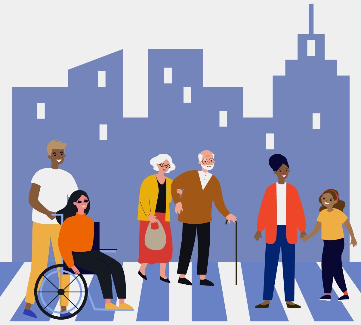 Caring for Family Caregivers invitation image: Diverse and differently abled neighbors of various age meet on a crosswalk in a boldly colored city setting.