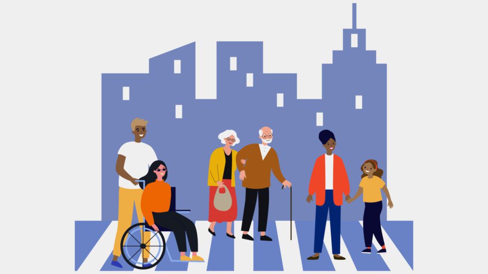 Caring for Family Caregivers invitation image: Diverse and differently abled neighbors of various age meet on a crosswalk in a boldly colored city setting.