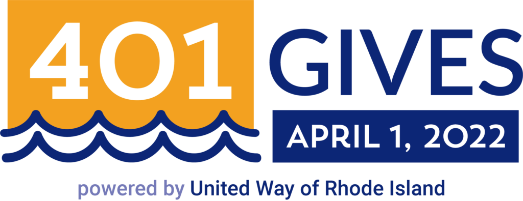 Horizontal 401Gives logo. "401" is in white text within a gold box over two dark blue waves. "GIVES" is in dark blue text above "APRIL 1, 2022," which is in white text within a dark blue box. "powered by" in light blue text and "United Way of Rhode Island" in dark blue text is centered underneath the rest of the logo.