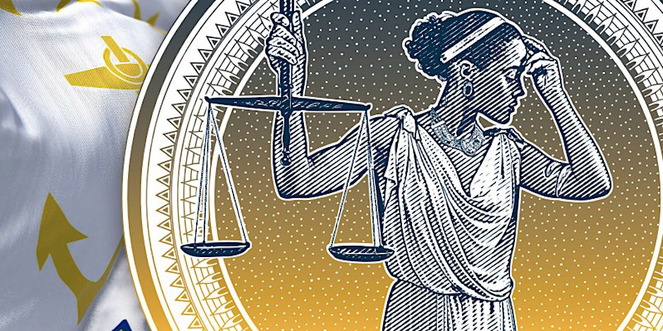 Illustration of Lady Justice as a Black woman. Her face is turned away from a set of scales.