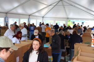 Volunteers sort, label, and box books.