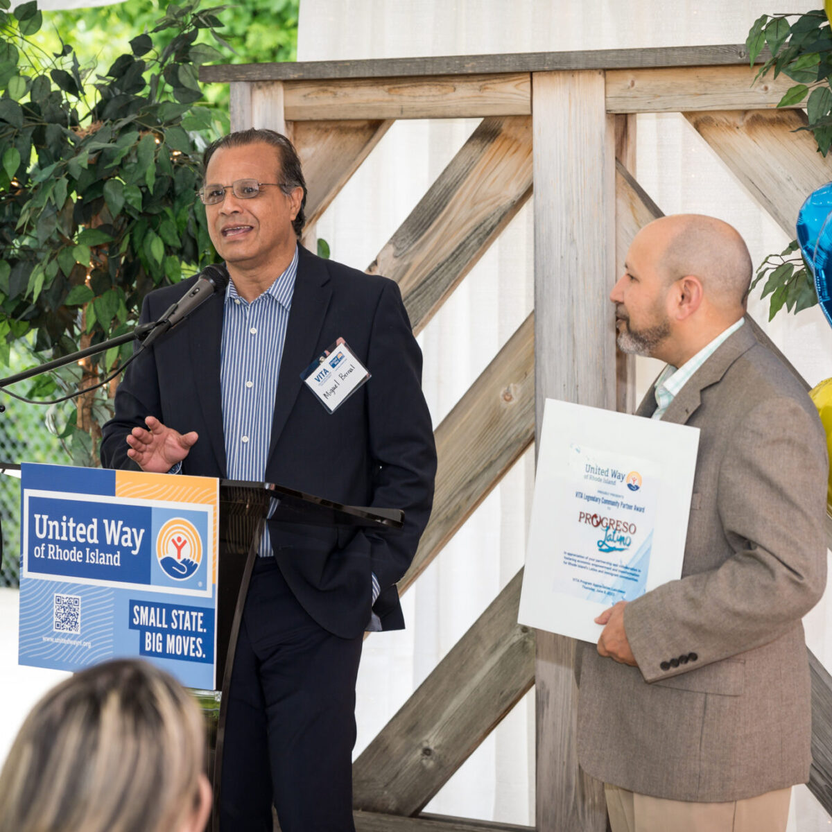 Miguel Bernal, Volunteer Income Tax Assistance coordinator at Progreso Latino, shares remarks.