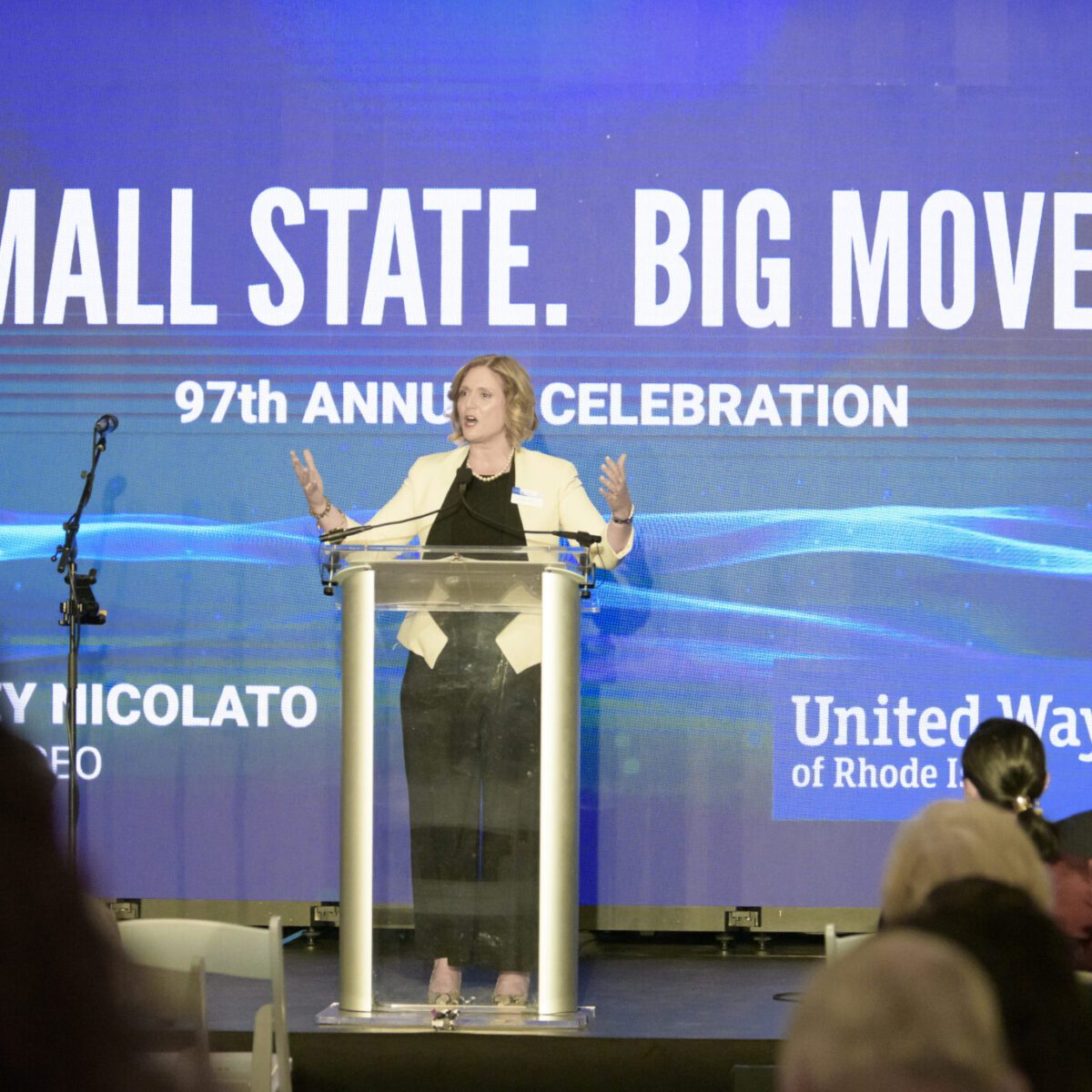 Cortney Nicolato, president and CEO of United Way of Rhode Island, welcoming attendees.