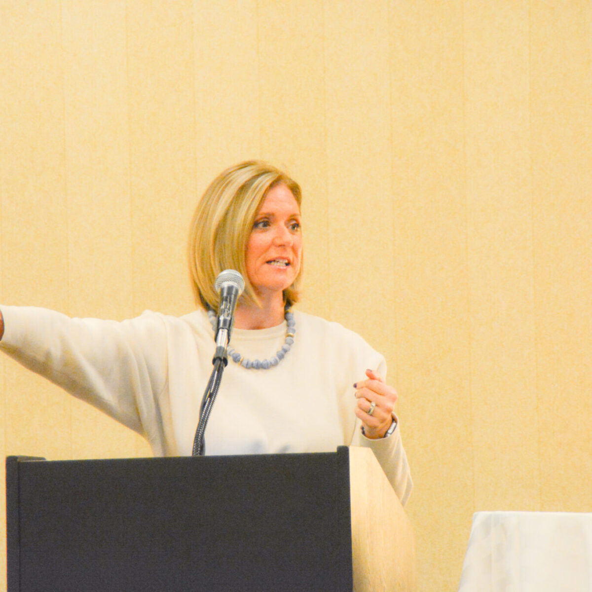 Cortney Nicolato, president and CEO of United Way of Rhode Island, sharing welcoming remarks.