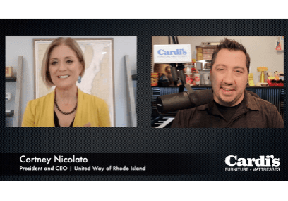 Black background with side-by-side photos of Cortney Nicolato, president and CEO of United Way of Rhode Island, (left) and Ben DeCastro, host of 'Car Pooling with Ben', (right) with the logo for Cardi's Furniture & Mattresses in white text in the bottom right corner.