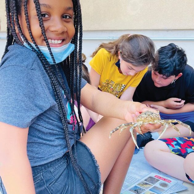 A Newport student shows off a live crab during a Summer Learning Initiative activity with Newport Boys and Girls Club and Save The Bay. Photo courtesy of Boys & Girls Clubs of Newport County.
